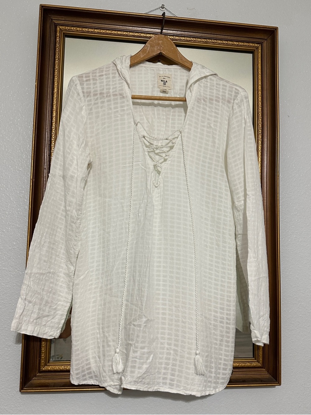 Billabong Tunic Top White Lace-Up Hooded Top Swim Cover-Up Large